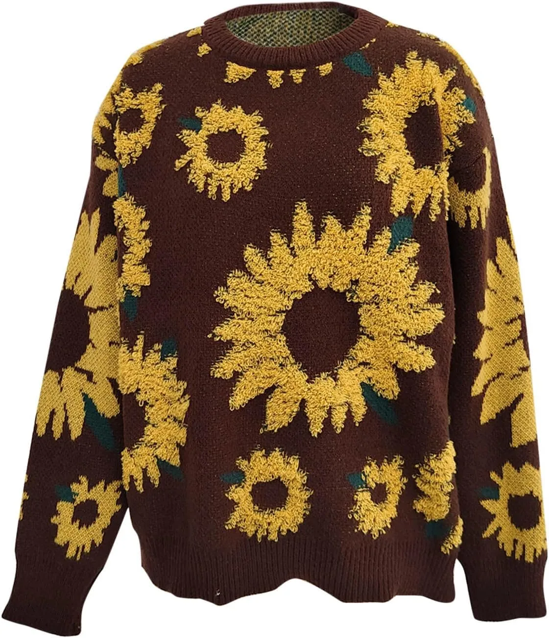2024 Fashion Cable Knit Sweater for Women Cute Sunflower Long Sleeve Pullover Tops Trendy Loose Fit Crewneck Sweaters