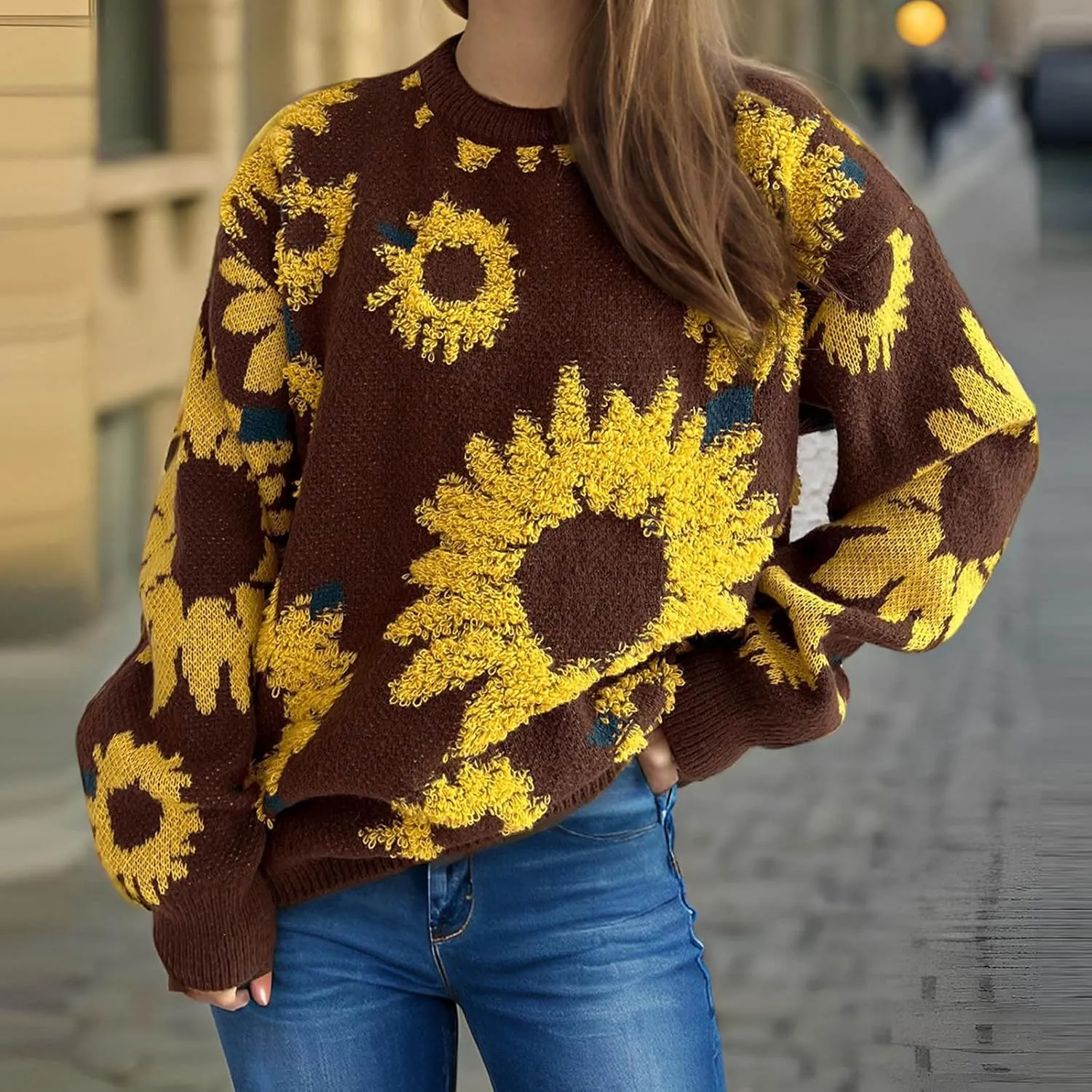 2024 Fashion Cable Knit Sweater for Women Cute Sunflower Long Sleeve Pullover Tops Trendy Loose Fit Crewneck Sweaters