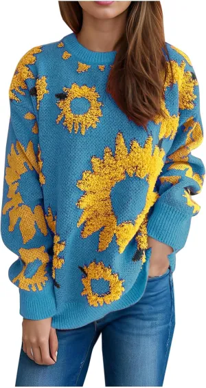2024 Fashion Cable Knit Sweater for Women Cute Sunflower Long Sleeve Pullover Tops Trendy Loose Fit Crewneck Sweaters