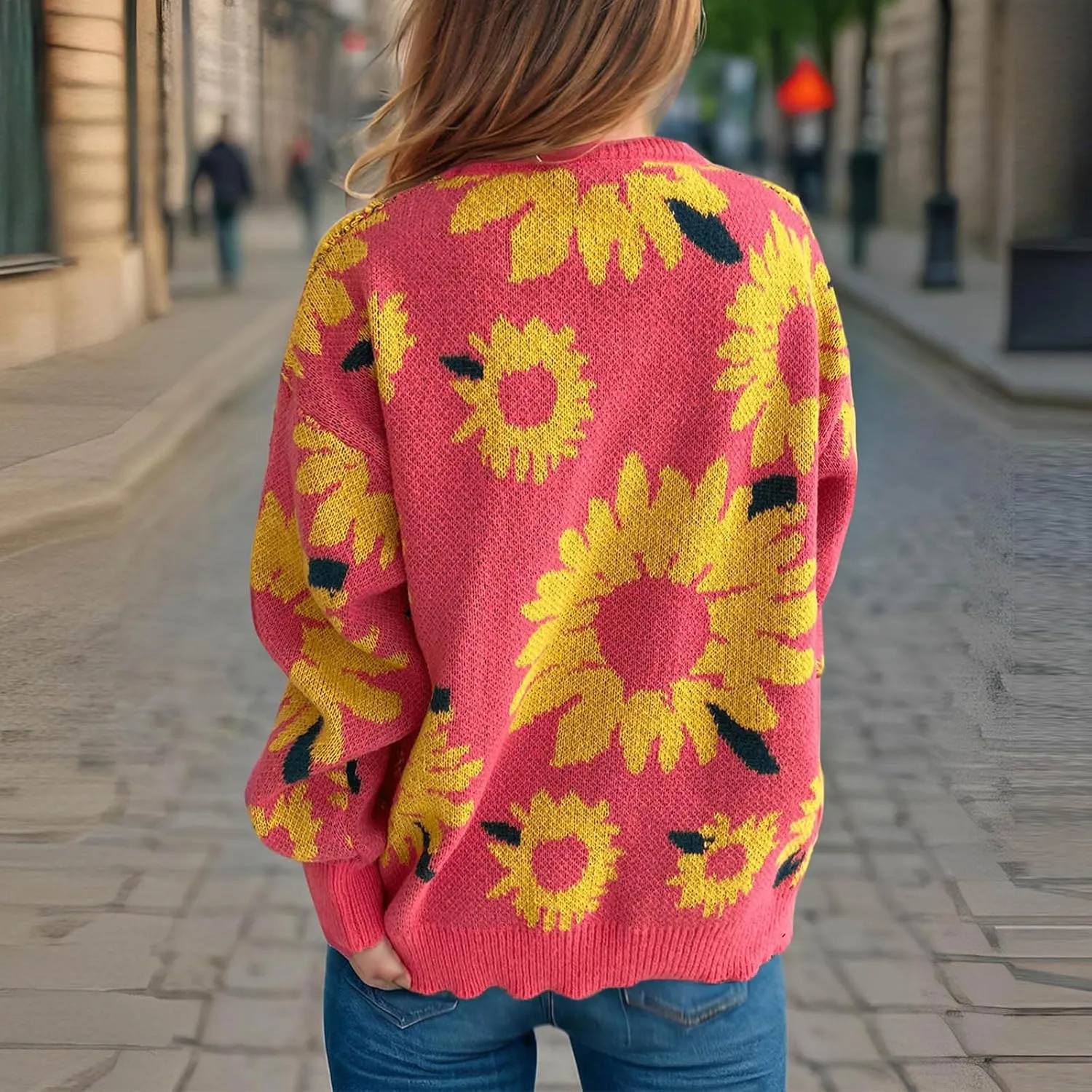 2024 Fashion Cable Knit Sweater for Women Cute Sunflower Long Sleeve Pullover Tops Trendy Loose Fit Crewneck Sweaters
