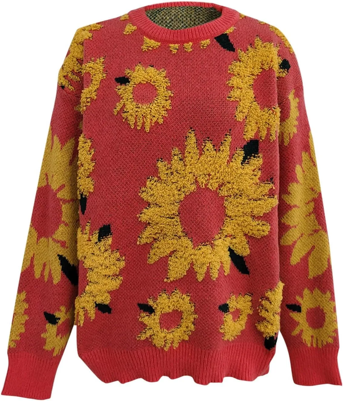 2024 Fashion Cable Knit Sweater for Women Cute Sunflower Long Sleeve Pullover Tops Trendy Loose Fit Crewneck Sweaters