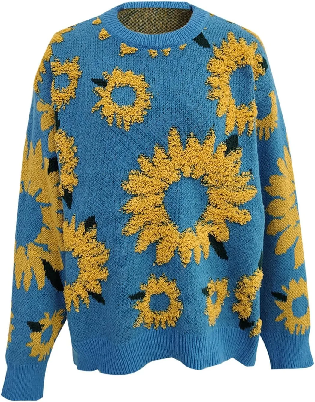 2024 Fashion Cable Knit Sweater for Women Cute Sunflower Long Sleeve Pullover Tops Trendy Loose Fit Crewneck Sweaters