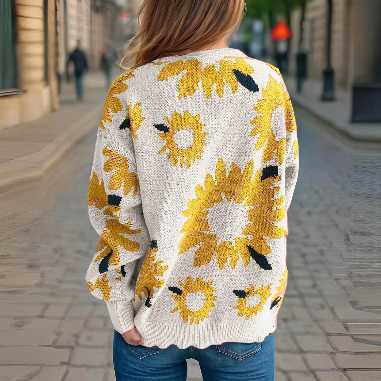 2024 Fashion Cable Knit Sweater for Women Cute Sunflower Long Sleeve Pullover Tops Trendy Loose Fit Crewneck Sweaters