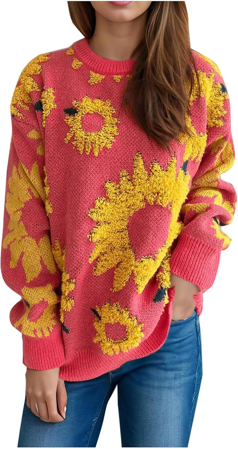2024 Fashion Cable Knit Sweater for Women Cute Sunflower Long Sleeve Pullover Tops Trendy Loose Fit Crewneck Sweaters
