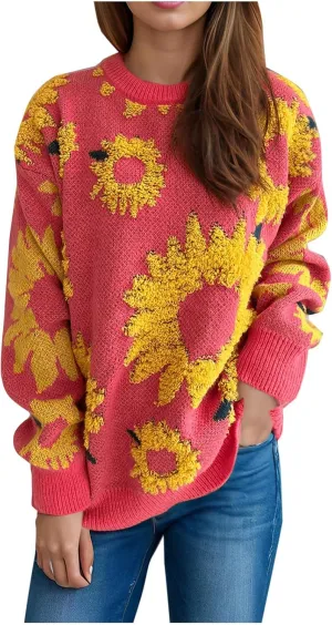2024 Fashion Cable Knit Sweater for Women Cute Sunflower Long Sleeve Pullover Tops Trendy Loose Fit Crewneck Sweaters