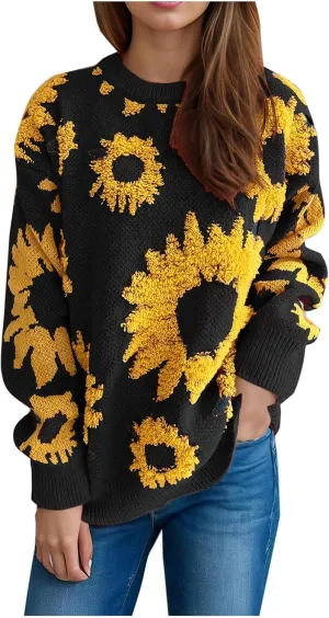 2024 Fashion Cable Knit Sweater for Women Cute Sunflower Long Sleeve Pullover Tops Trendy Loose Fit Crewneck Sweaters