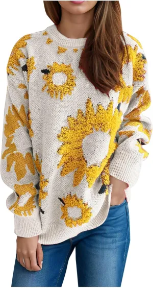 2024 Fashion Cable Knit Sweater for Women Cute Sunflower Long Sleeve Pullover Tops Trendy Loose Fit Crewneck Sweaters