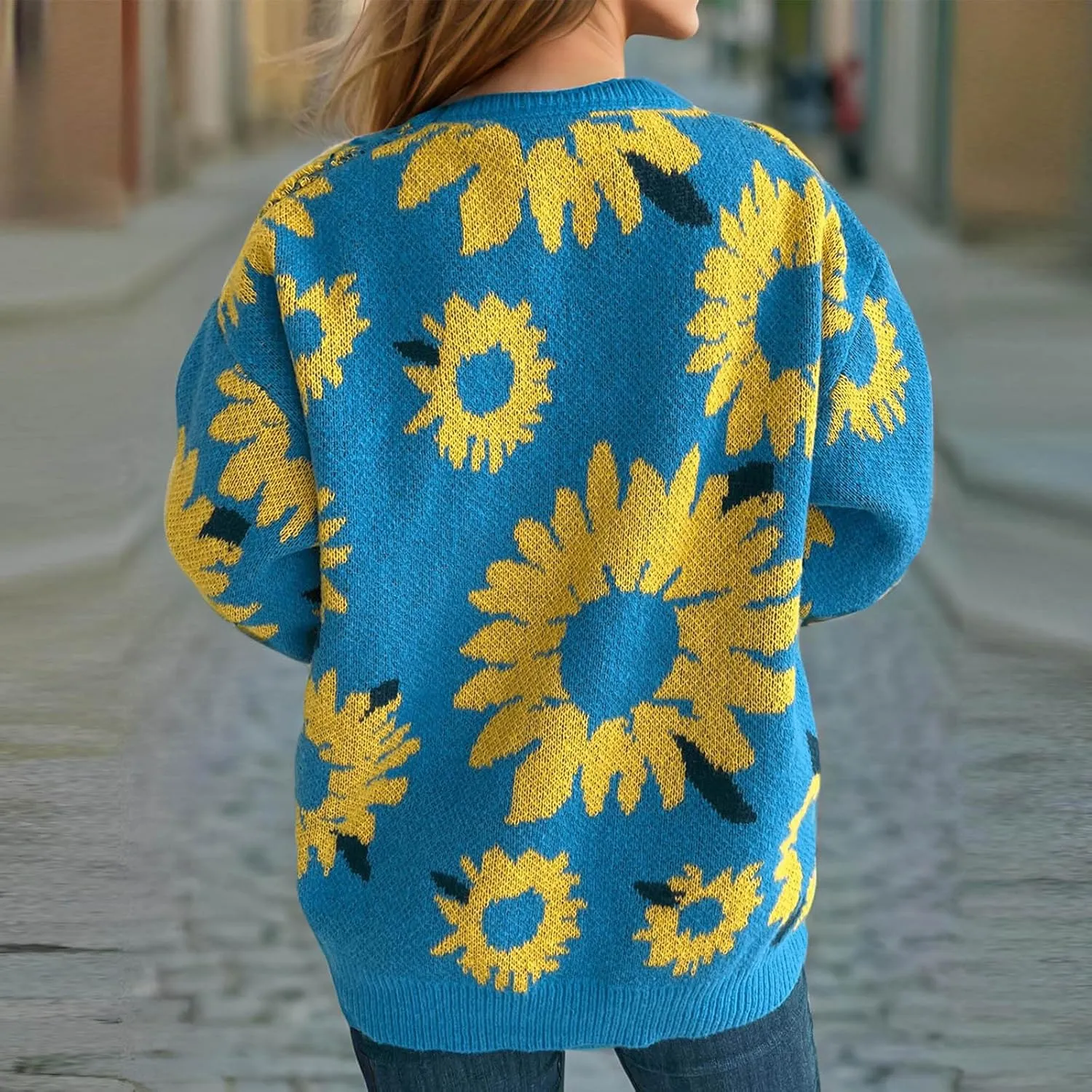 2024 Fashion Cable Knit Sweater for Women Cute Sunflower Long Sleeve Pullover Tops Trendy Loose Fit Crewneck Sweaters
