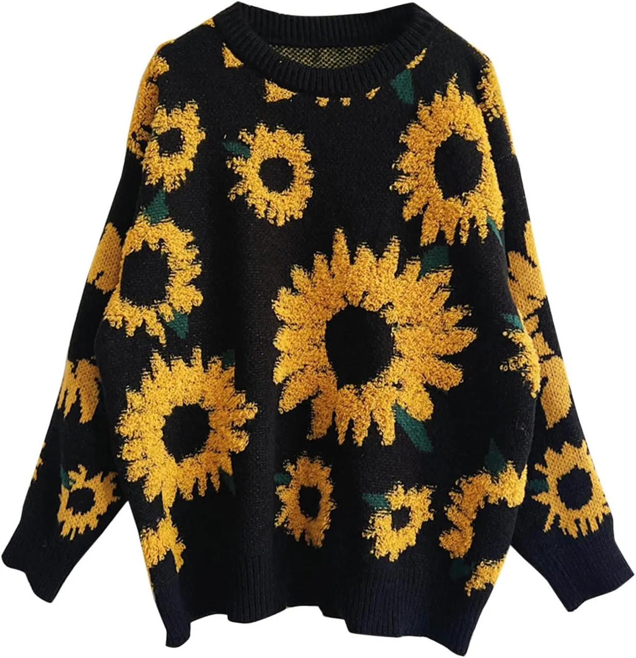 2024 Fashion Cable Knit Sweater for Women Cute Sunflower Long Sleeve Pullover Tops Trendy Loose Fit Crewneck Sweaters