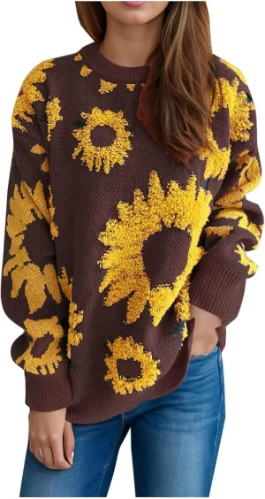 2024 Fashion Cable Knit Sweater for Women Cute Sunflower Long Sleeve Pullover Tops Trendy Loose Fit Crewneck Sweaters