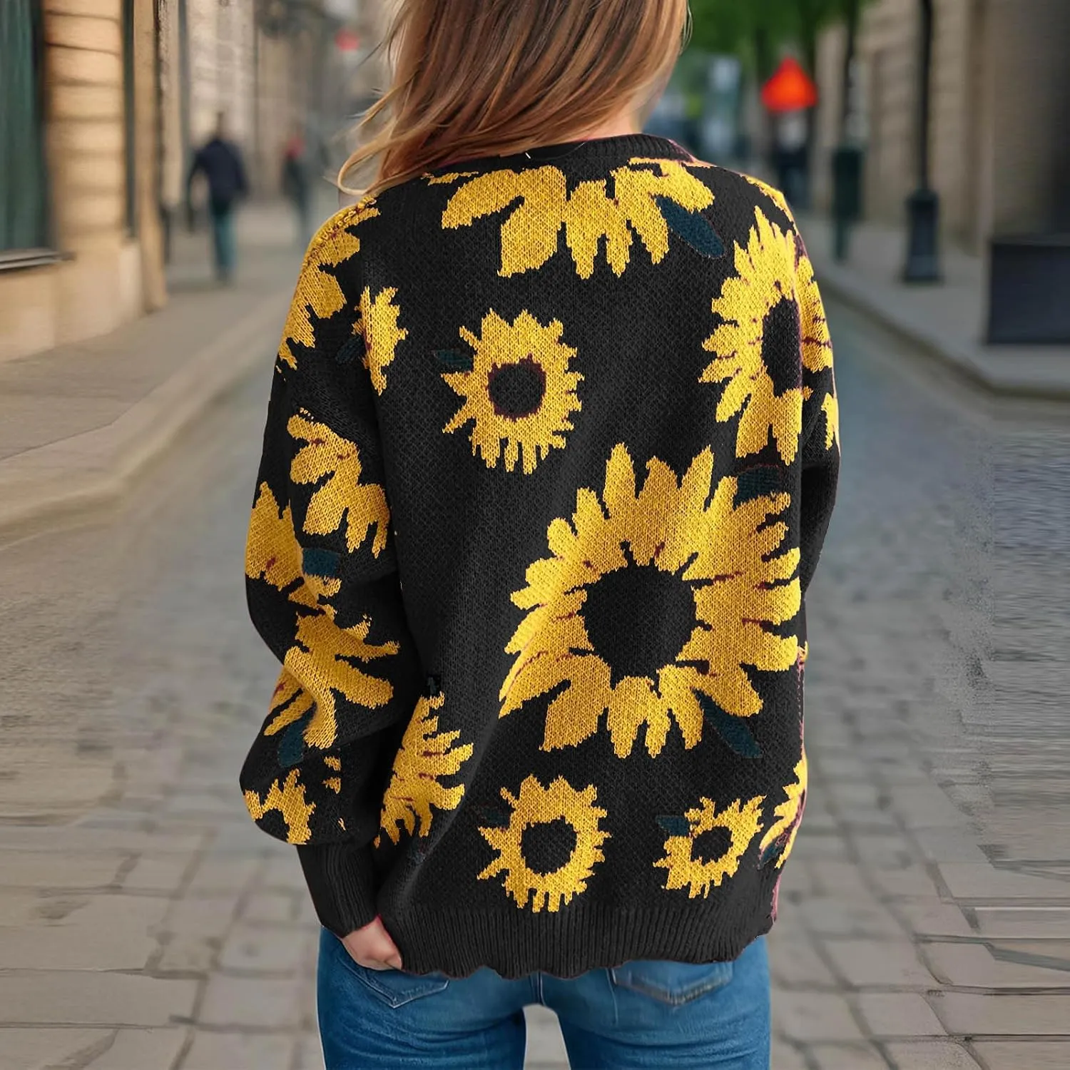2024 Fashion Cable Knit Sweater for Women Cute Sunflower Long Sleeve Pullover Tops Trendy Loose Fit Crewneck Sweaters