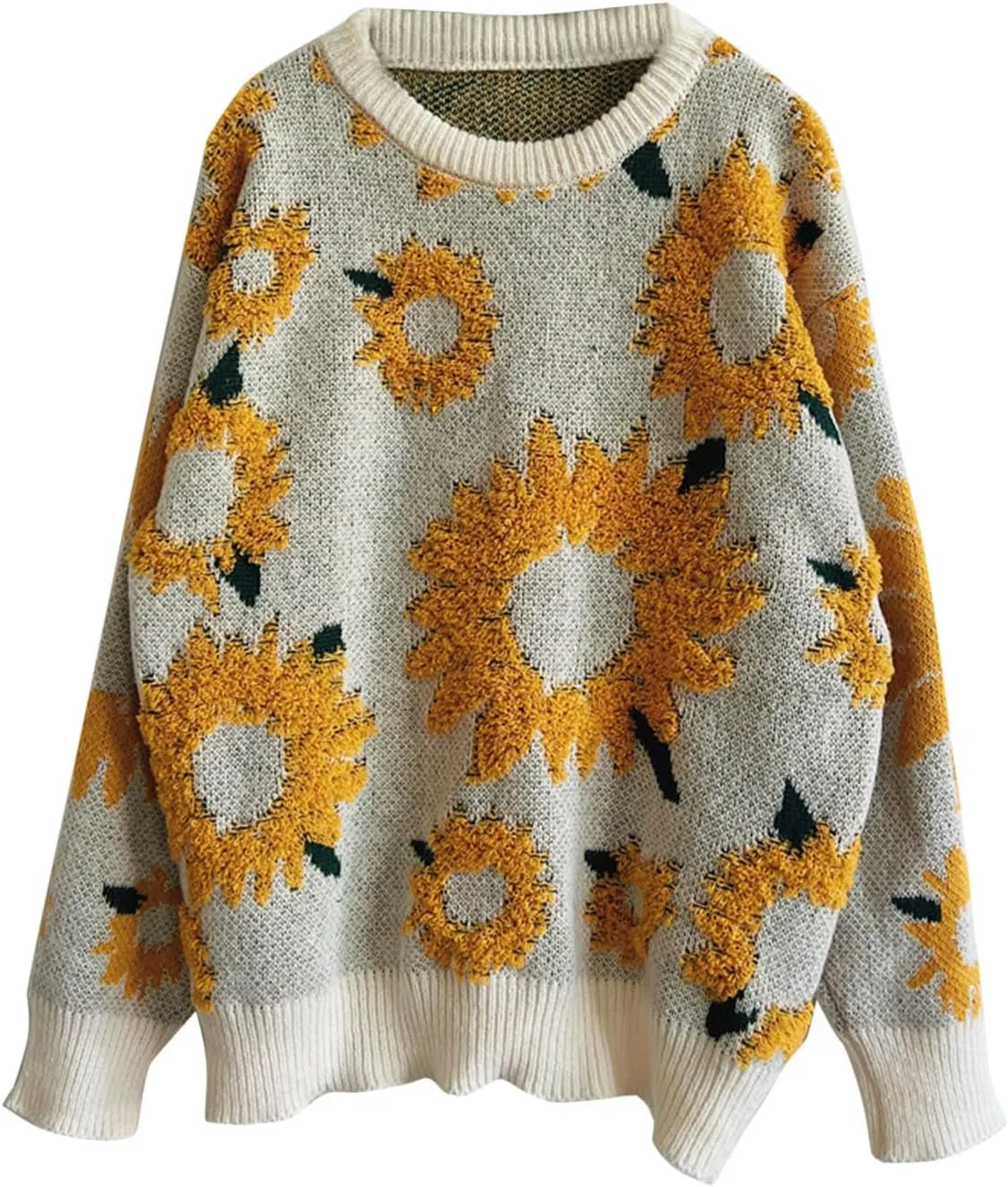 2024 Fashion Cable Knit Sweater for Women Cute Sunflower Long Sleeve Pullover Tops Trendy Loose Fit Crewneck Sweaters