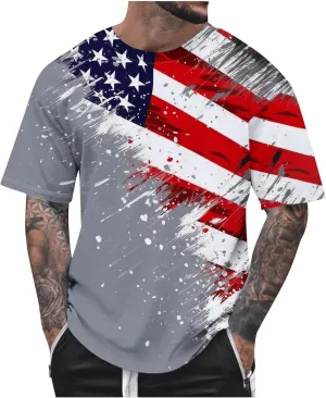 American Flag Mens Crewneck T-Shirts - 4th of July Loose Fit Short Sleeve Casual Gym Workout Patriotic Tee Shirt