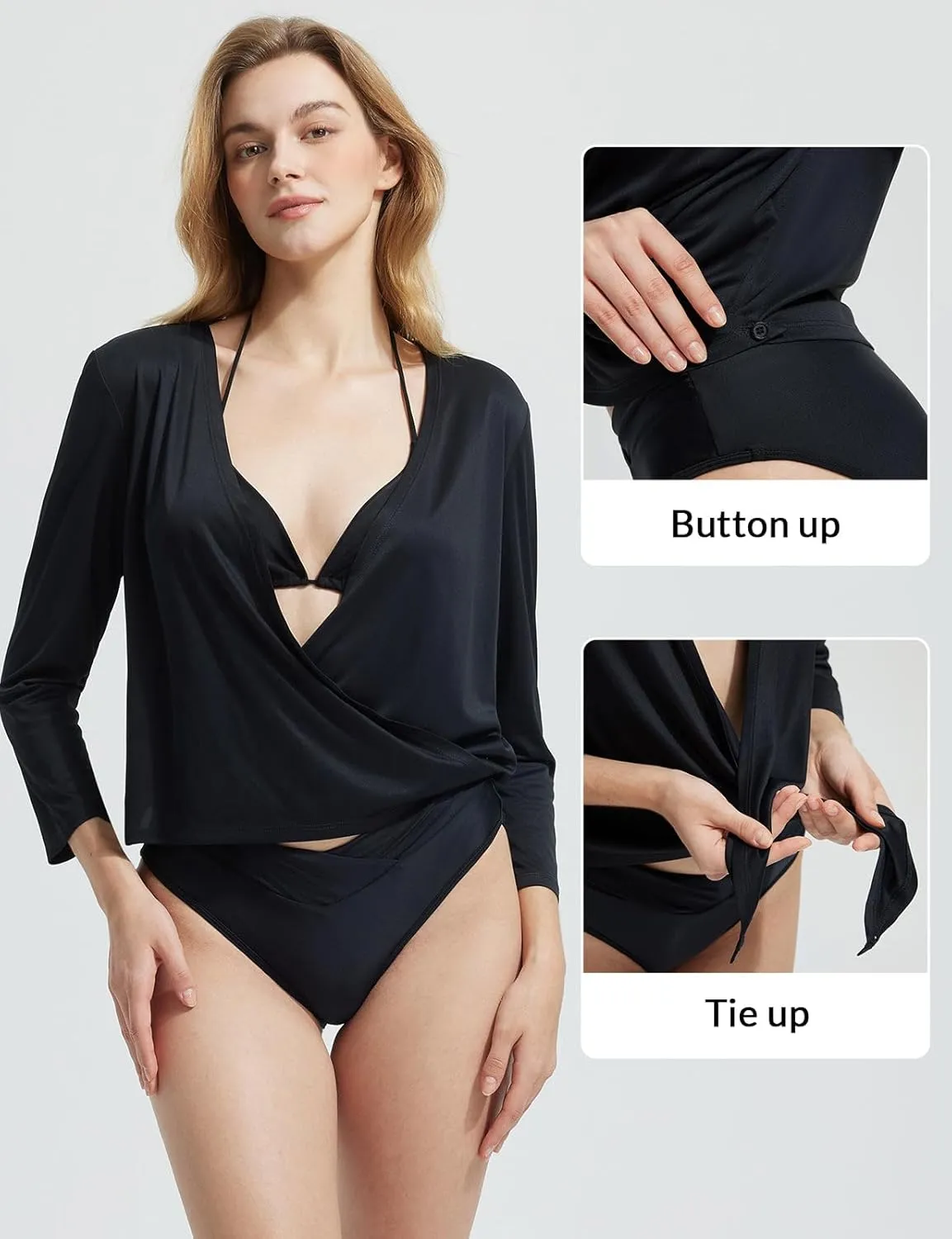 baleaf Women's UPF50  Swim Beach Cover Up Bathing Suit Swimsuit Coverup Cropped 3/4 Sleeve Lightweight Cardigan