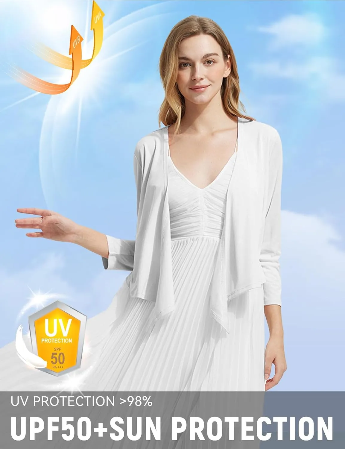 baleaf Women's UPF50  Swim Beach Cover Up Bathing Suit Swimsuit Coverup Cropped 3/4 Sleeve Lightweight Cardigan