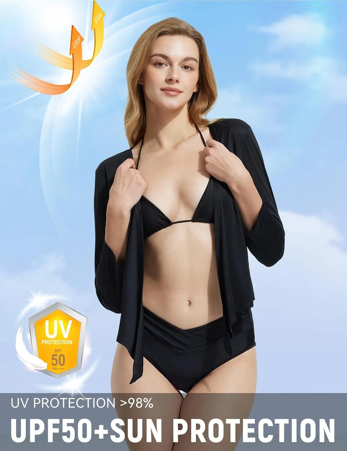 baleaf Women's UPF50  Swim Beach Cover Up Bathing Suit Swimsuit Coverup Cropped 3/4 Sleeve Lightweight Cardigan
