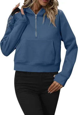 BOFETA Women Casual Fleece Lined Pullover Solid Color Cropped Hoodies Long Sleeve Zip Up Tops