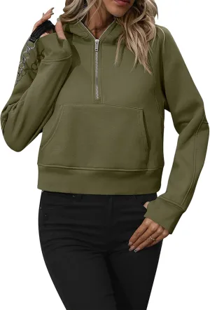 BOFETA Women Casual Fleece Lined Pullover Solid Color Cropped Hoodies Long Sleeve Zip Up Tops
