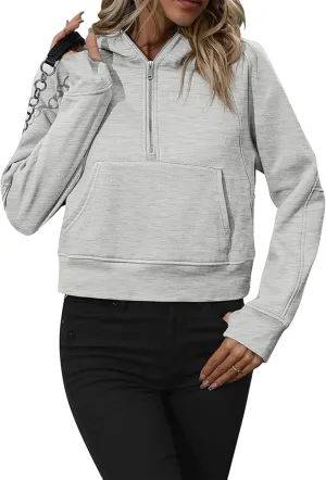 BOFETA Women Casual Fleece Lined Pullover Solid Color Cropped Hoodies Long Sleeve Zip Up Tops