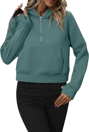 BOFETA Women Casual Fleece Lined Pullover Solid Color Cropped Hoodies Long Sleeve Zip Up Tops