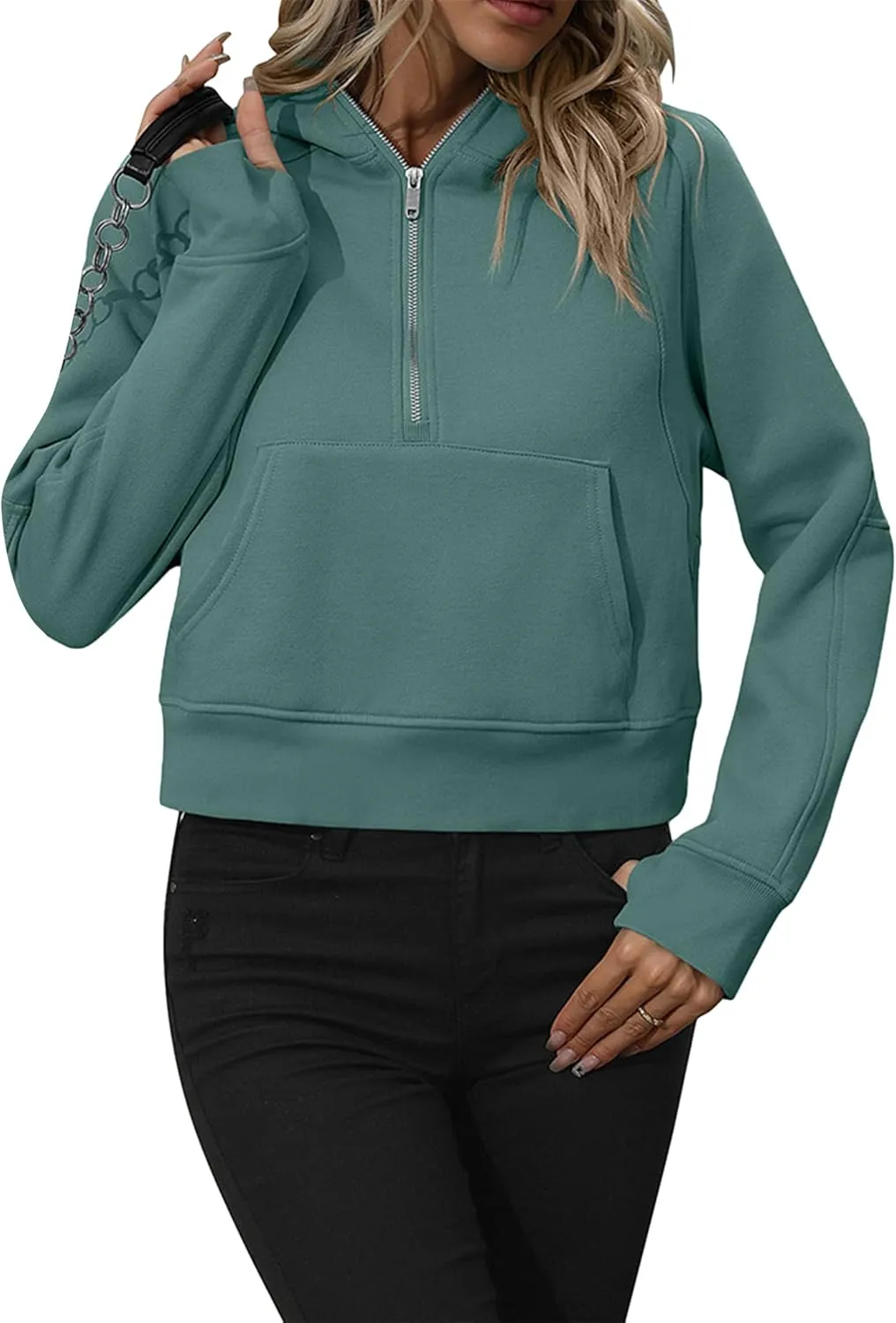 BOFETA Women Casual Fleece Lined Pullover Solid Color Cropped Hoodies Long Sleeve Zip Up Tops