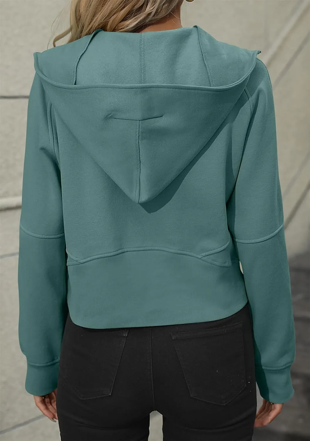 BOFETA Women Casual Fleece Lined Pullover Solid Color Cropped Hoodies Long Sleeve Zip Up Tops