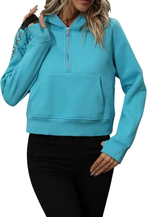 BOFETA Women Casual Fleece Lined Pullover Solid Color Cropped Hoodies Long Sleeve Zip Up Tops