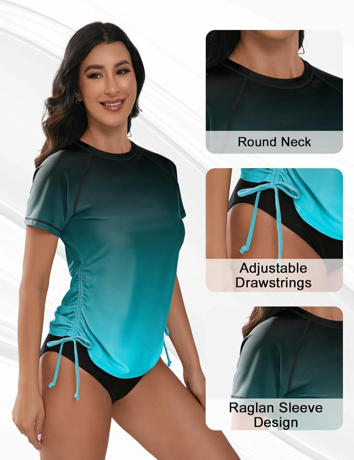 Bonneuitbebe Women's Short Sleeve Rash Guard Shirts UV Protection Swim Shirts UPF 50  Lightweight Adjustable Tie Swimwear