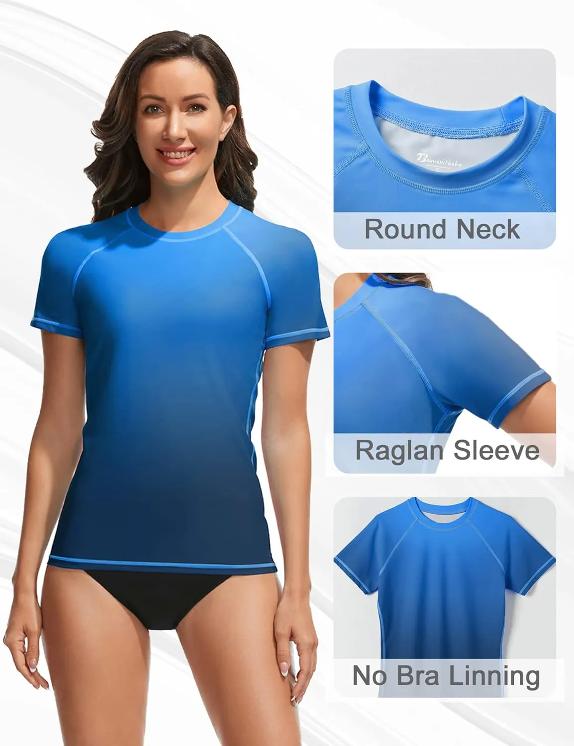 Bonneuitbebe Women's Swim Shirt UPF 50  Short Sleeve Rash Guard UV Sun Protection Swimsuit Bathing Suit Top