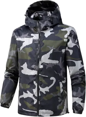 Camo Jacket for Men Lightweight Windproof Jackets Waterproof Outdoor Shell Hooded Windbreaker Coats Sport Raincoat