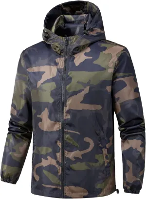 Camo Jacket for Men Lightweight Windproof Jackets Waterproof Outdoor Shell Hooded Windbreaker Coats Sport Raincoat