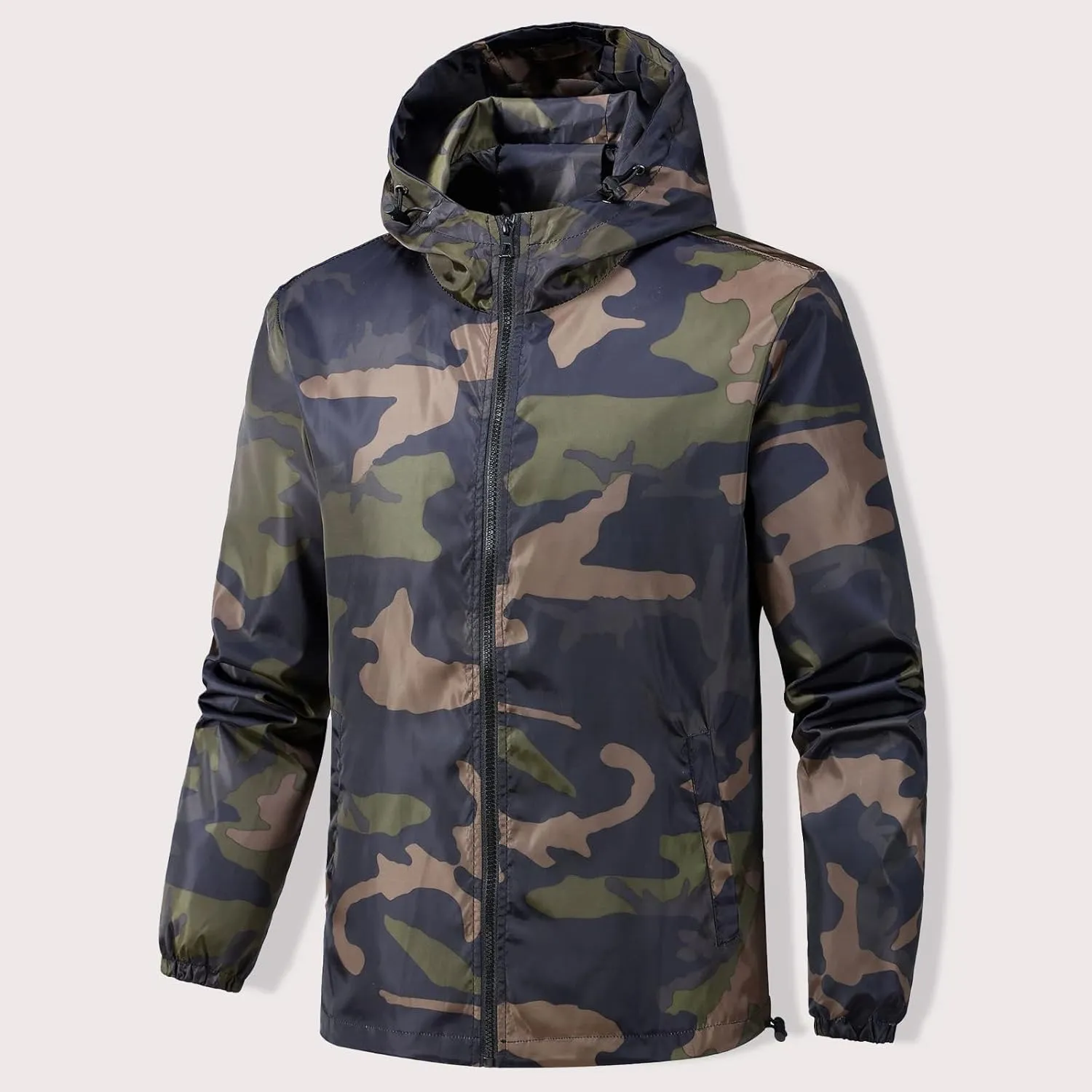 Camo Jacket for Men Lightweight Windproof Jackets Waterproof Outdoor Shell Hooded Windbreaker Coats Sport Raincoat