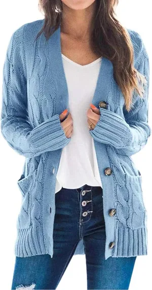 Cardigan Sweaters for Women, 2022 Fall Winter Plus Size Long Sleeve Shirts Open Front Cable Knitted Cropped Duster Cardigan, Button Down Chunky Pullover Coat Outwear with Pockets(Blue,M)