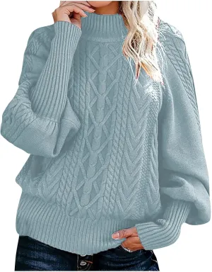 Casual Knitted Sweater Tops for Women Cable Knit Lantern Sleeve High Neck Sweaters Fall Winter Warm Pullover Jumpers