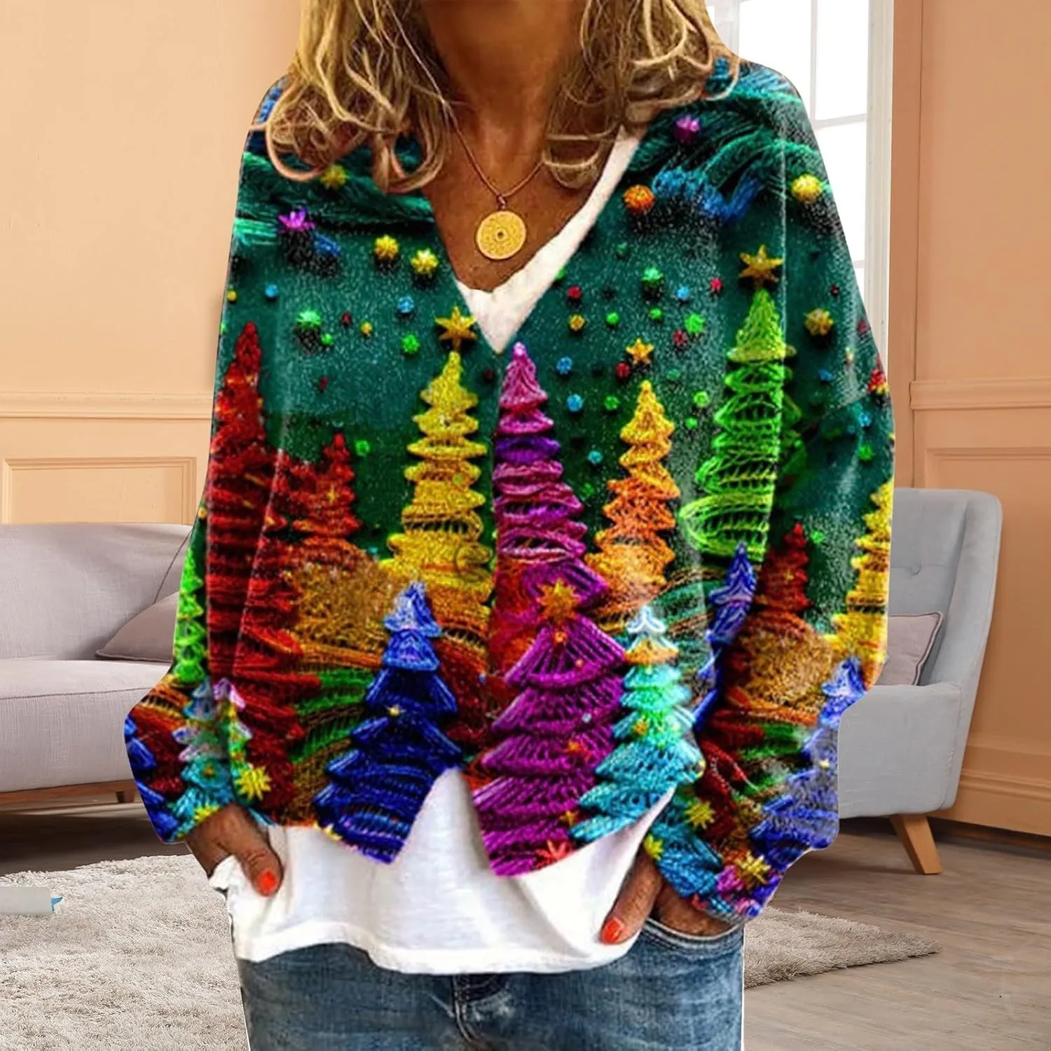 Christmas Printed Casual Cardigan for Women Trendy Long Sleeve Button Y2k Outerwears Plus Size Loose Casual Sweaters