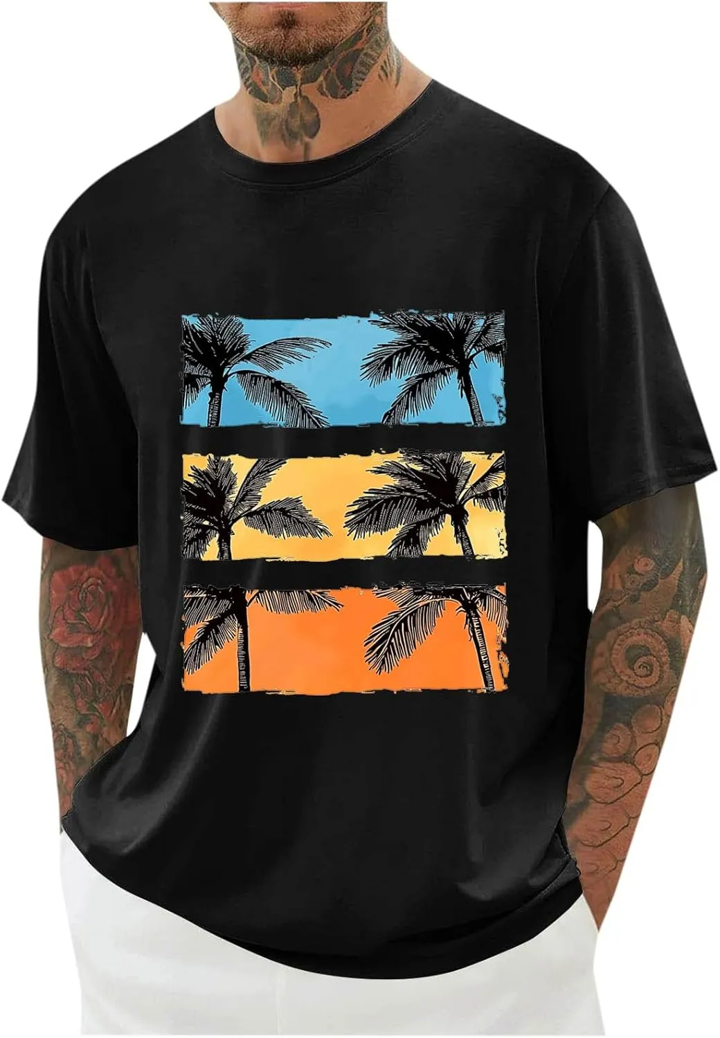 Coconut Tree Print Mens Basic Summer Crewneck T-Shirts - Pullover Loose Short Sleeve Casual Gym Workout Tee Shirt