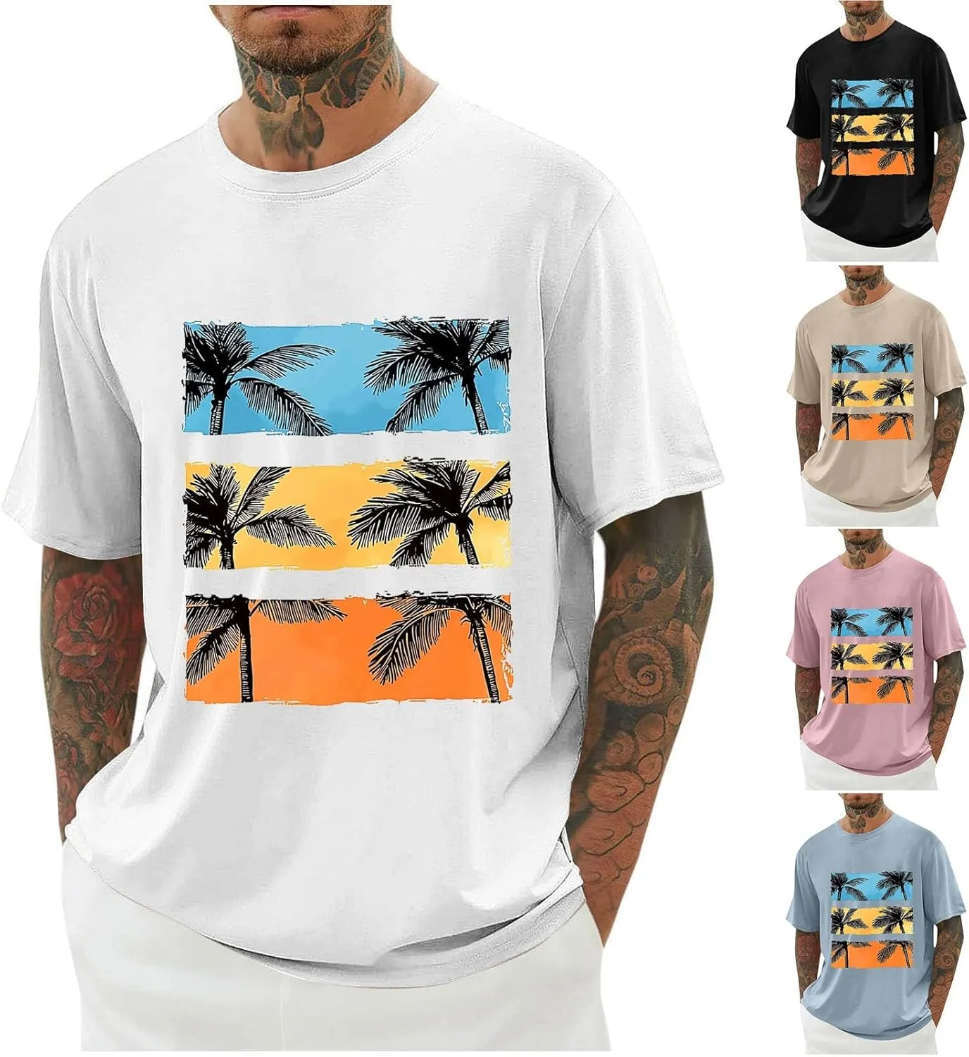 Coconut Tree Print Mens Basic Summer Crewneck T-Shirts - Pullover Loose Short Sleeve Casual Gym Workout Tee Shirt