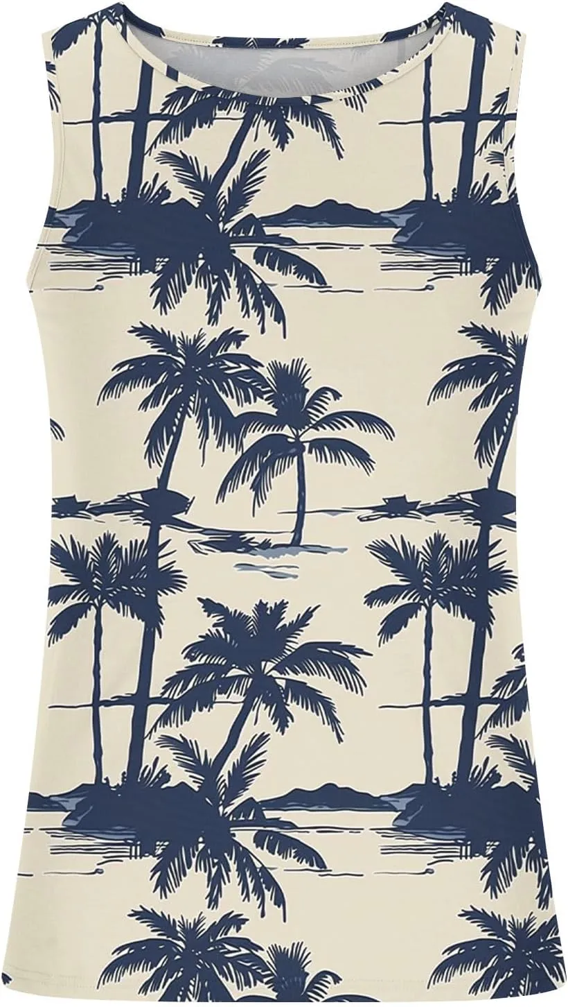 Coconut Tree Print Mens Muscle Tank Tops - Casual Crew Neck Summer Gym Workout Sleeveless Beach Tee Shirts