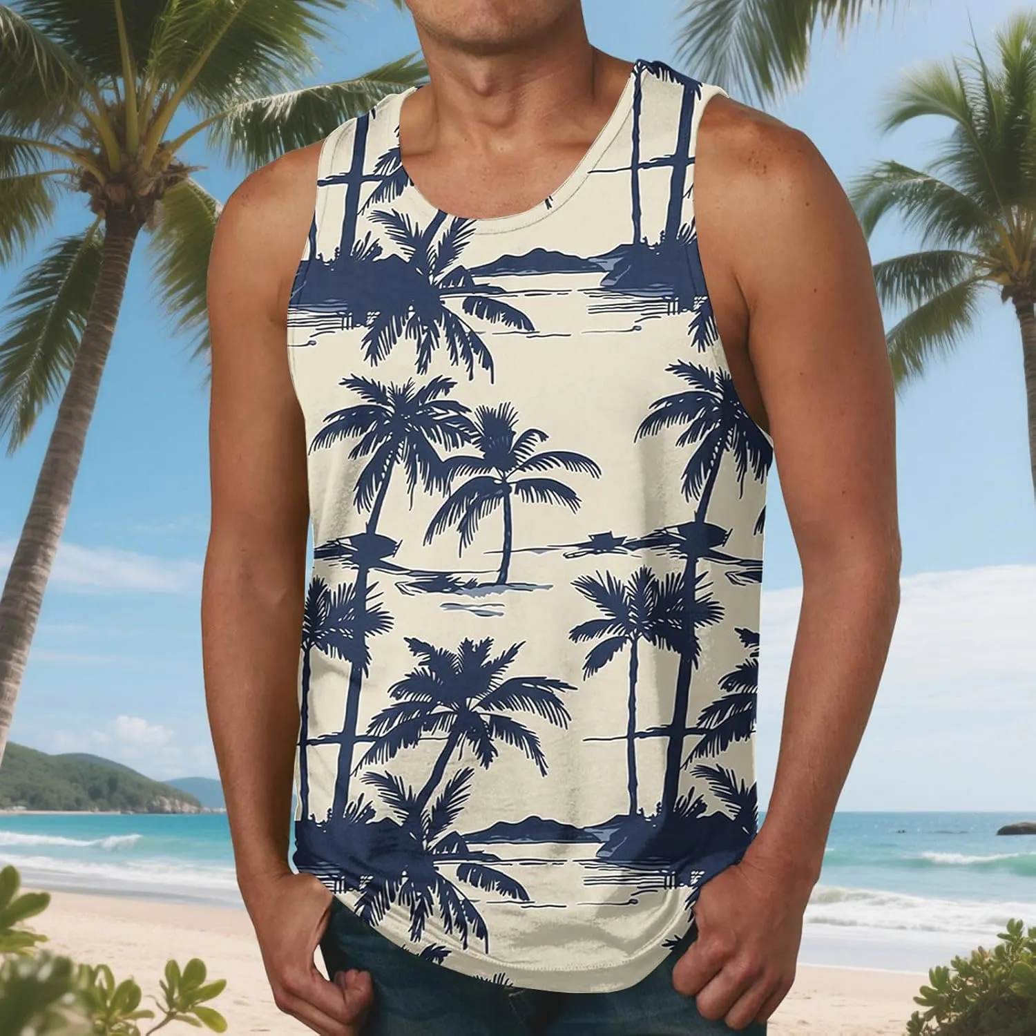 Coconut Tree Print Mens Muscle Tank Tops - Casual Crew Neck Summer Gym Workout Sleeveless Beach Tee Shirts