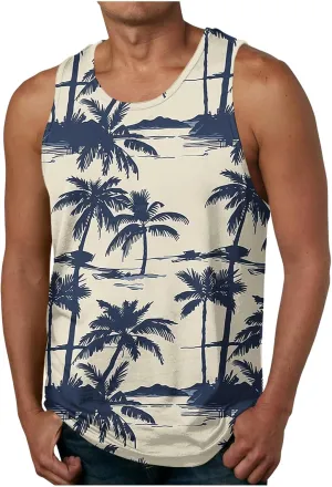 Coconut Tree Print Mens Muscle Tank Tops - Casual Crew Neck Summer Gym Workout Sleeveless Beach Tee Shirts