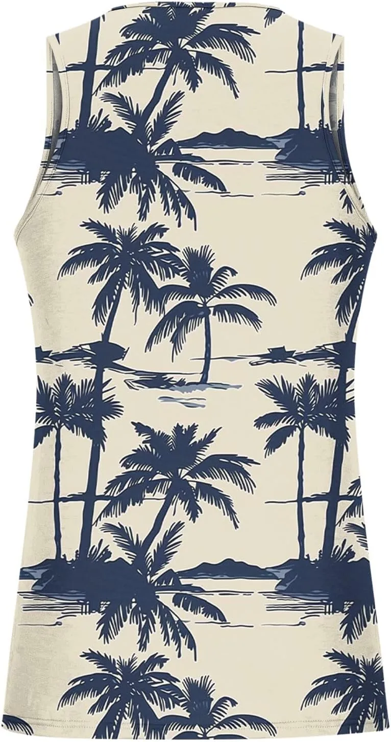 Coconut Tree Print Mens Muscle Tank Tops - Casual Crew Neck Summer Gym Workout Sleeveless Beach Tee Shirts