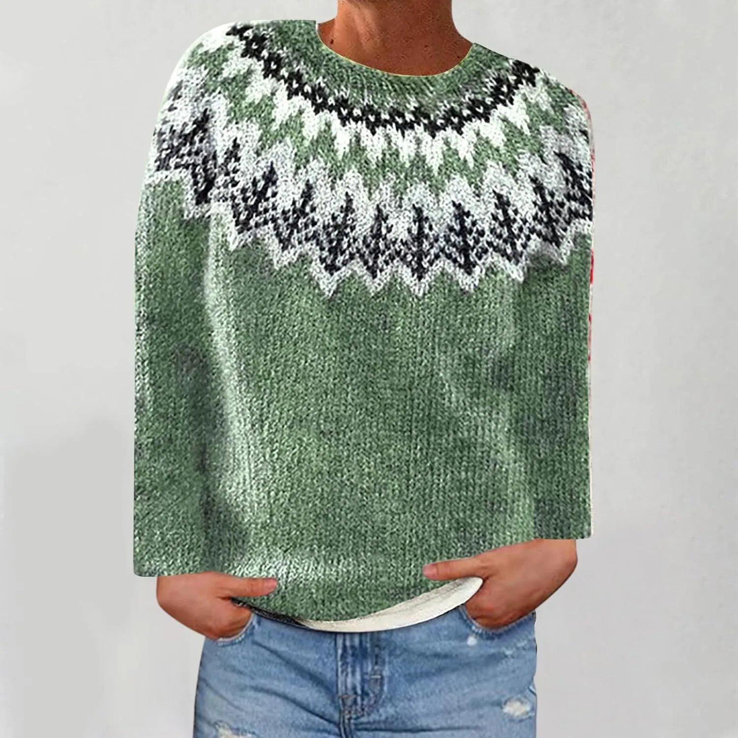 Crewneck Sweaters for Women Cable Knit Fair Isle Embroidery Tops Winter Spring Long Sleeve Loose Sweater Pullover