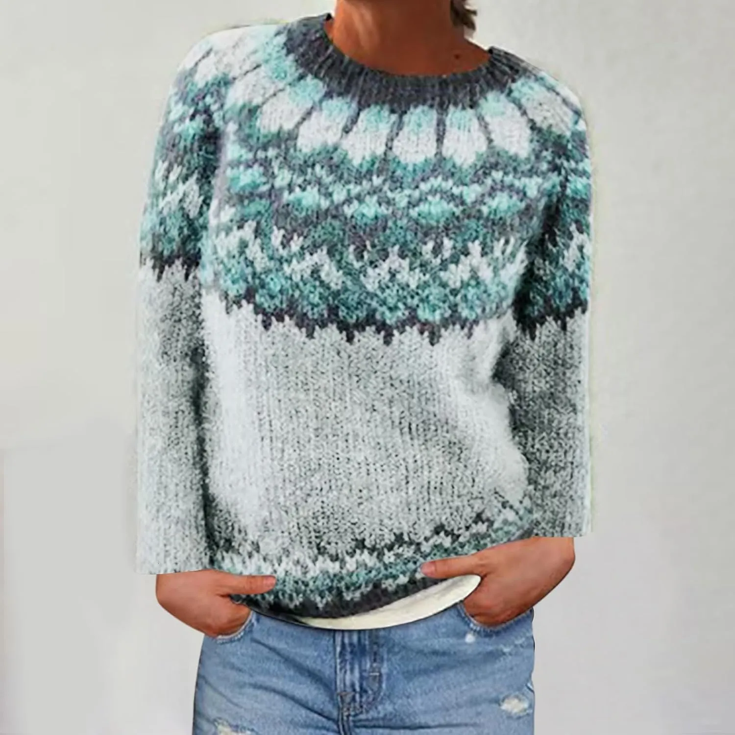 Crewneck Sweaters for Women Cable Knit Fair Isle Embroidery Tops Winter Spring Long Sleeve Loose Sweater Pullover