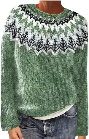 Crewneck Sweaters for Women Cable Knit Fair Isle Embroidery Tops Winter Spring Long Sleeve Loose Sweater Pullover