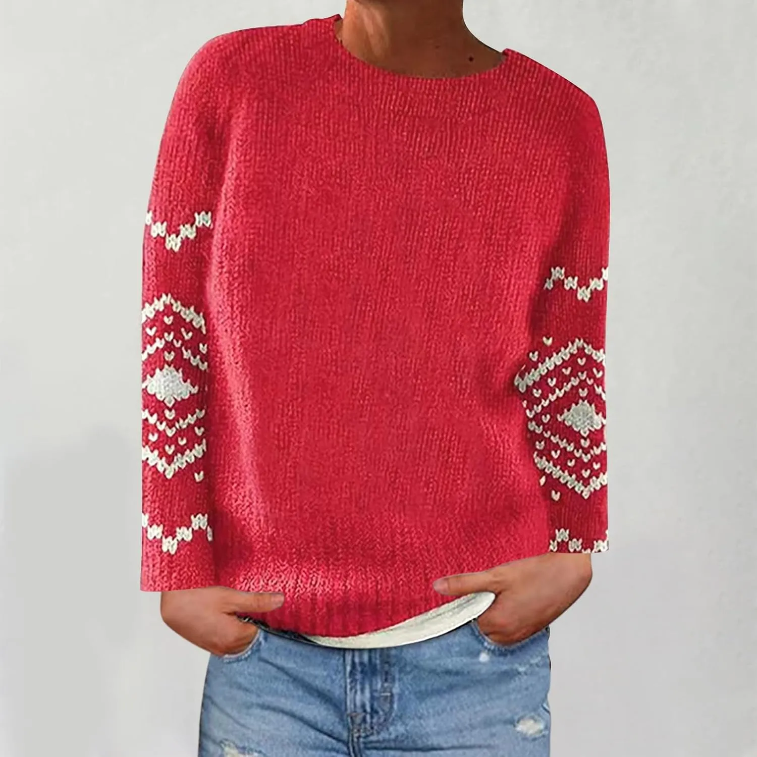 Crewneck Sweaters for Women Cable Knit Fair Isle Embroidery Tops Winter Spring Long Sleeve Loose Sweater Pullover