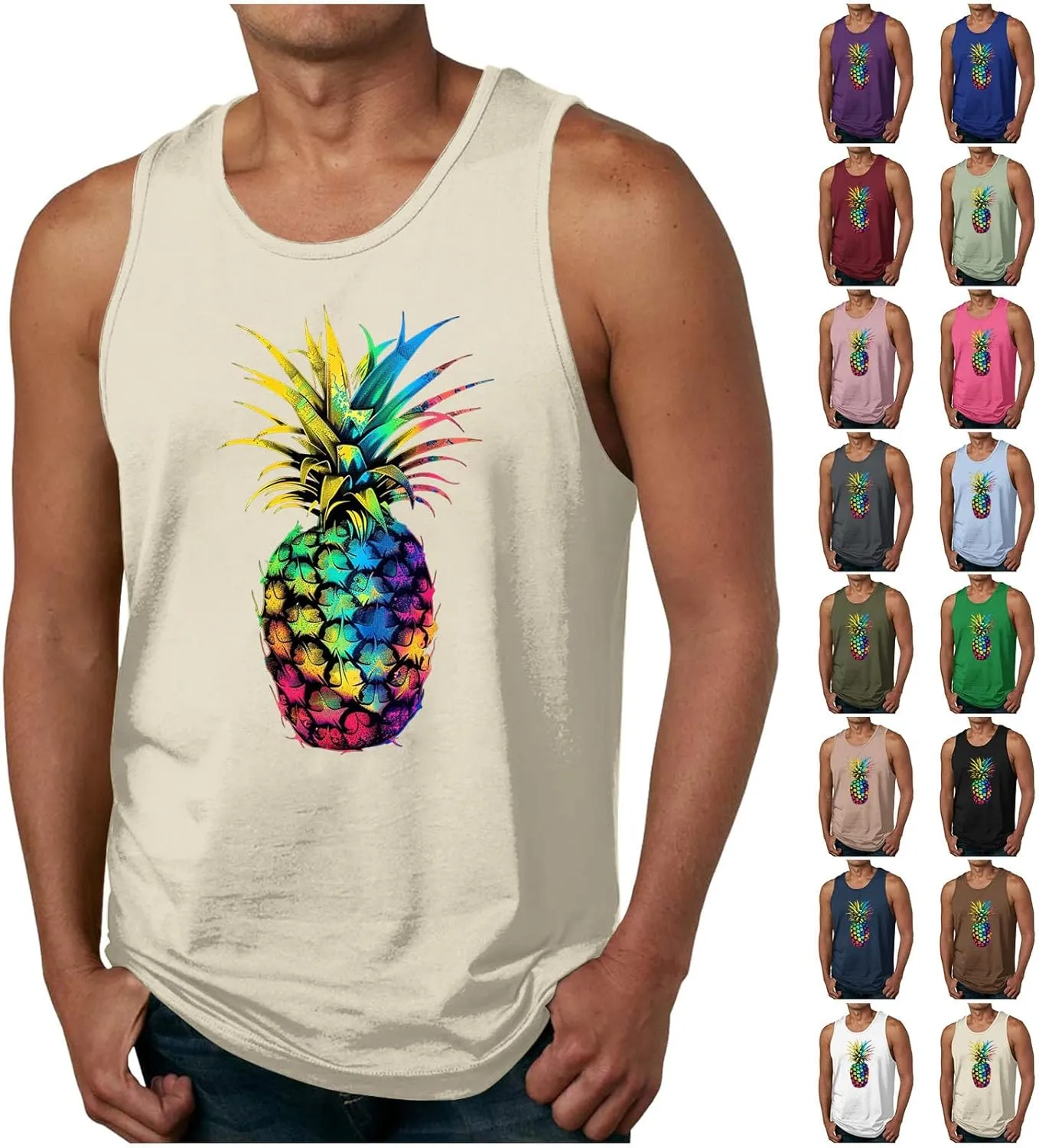 Cute Pineapple Print Mens Hawaiian Beach Tank Tops - Casual Summer Sleeveless Crew Neck Gym Workout Muscle Tee Shirts