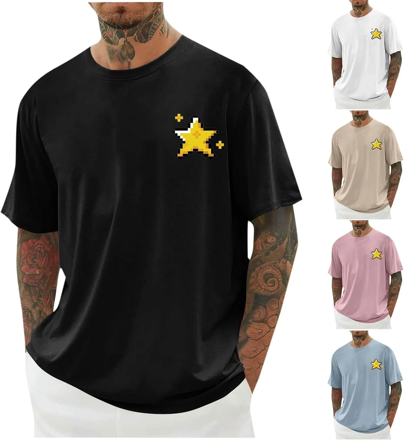 Cute Pixel Stars Print Mens Basic Summer Crewneck T-Shirts - Pullover Loose Short Sleeve Casual Gym Workout Tee Shirt