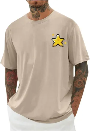 Cute Pixel Stars Print Mens Basic Summer Crewneck T-Shirts - Pullover Loose Short Sleeve Casual Gym Workout Tee Shirt