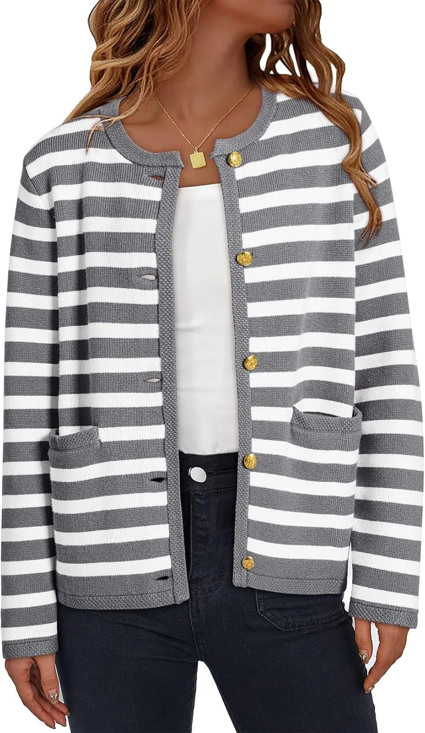 Dokotoo Women's 2025 Fashion Casual Crew Neck Open Front Long Sleeve Chunky Knit Striped Cardigans Sweaters Outerwear Coats
