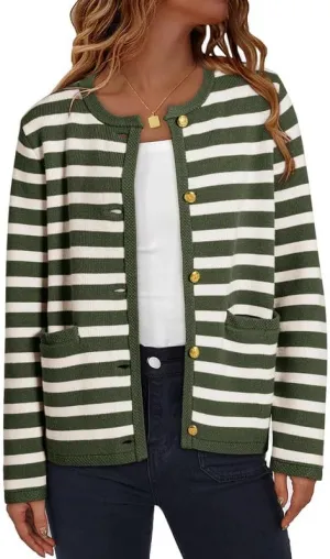 Dokotoo Women's 2025 Fashion Casual Crew Neck Open Front Long Sleeve Chunky Knit Striped Cardigans Sweaters Outerwear Coats